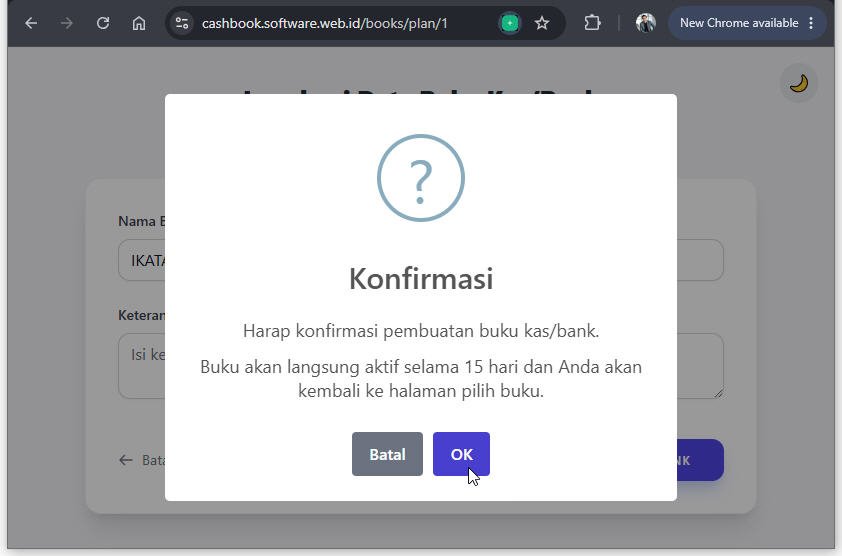 Modal konfirmasi pembuatan buku kas/bank