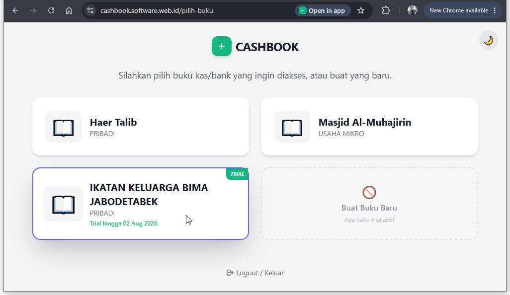 Buku kas/bank baru muncul dengan status Trial