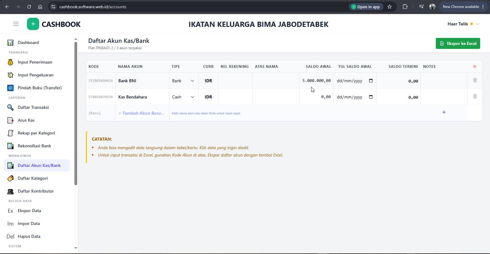 Daftar Akun Kas/Bank setelah diisi nama dan saldo awal