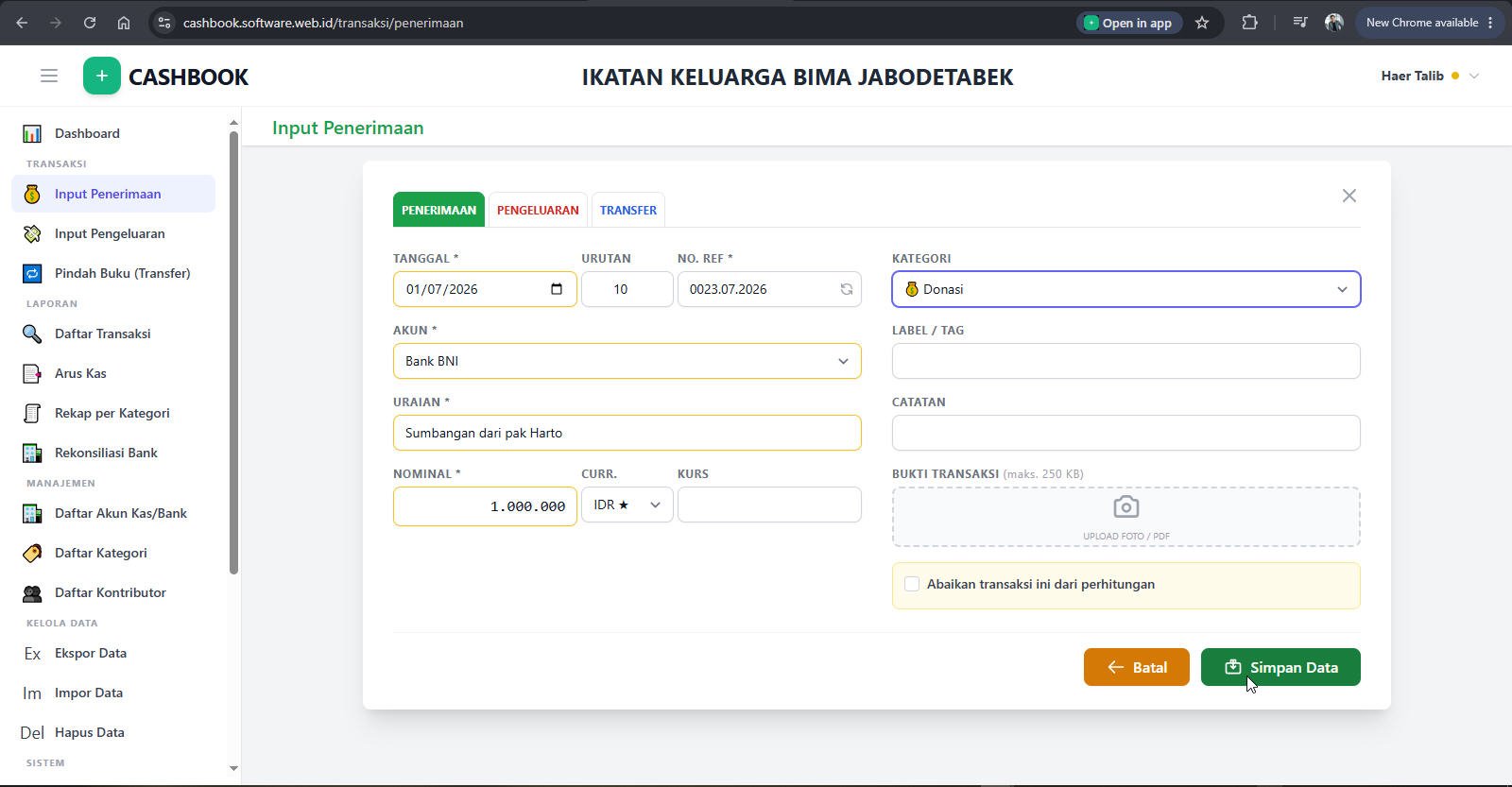 Form Input Penerimaan