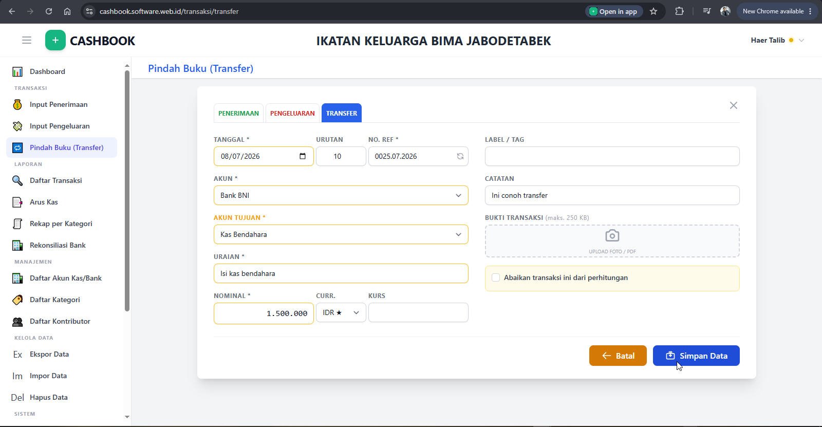 Form Input Pindah Buku (Transfer)