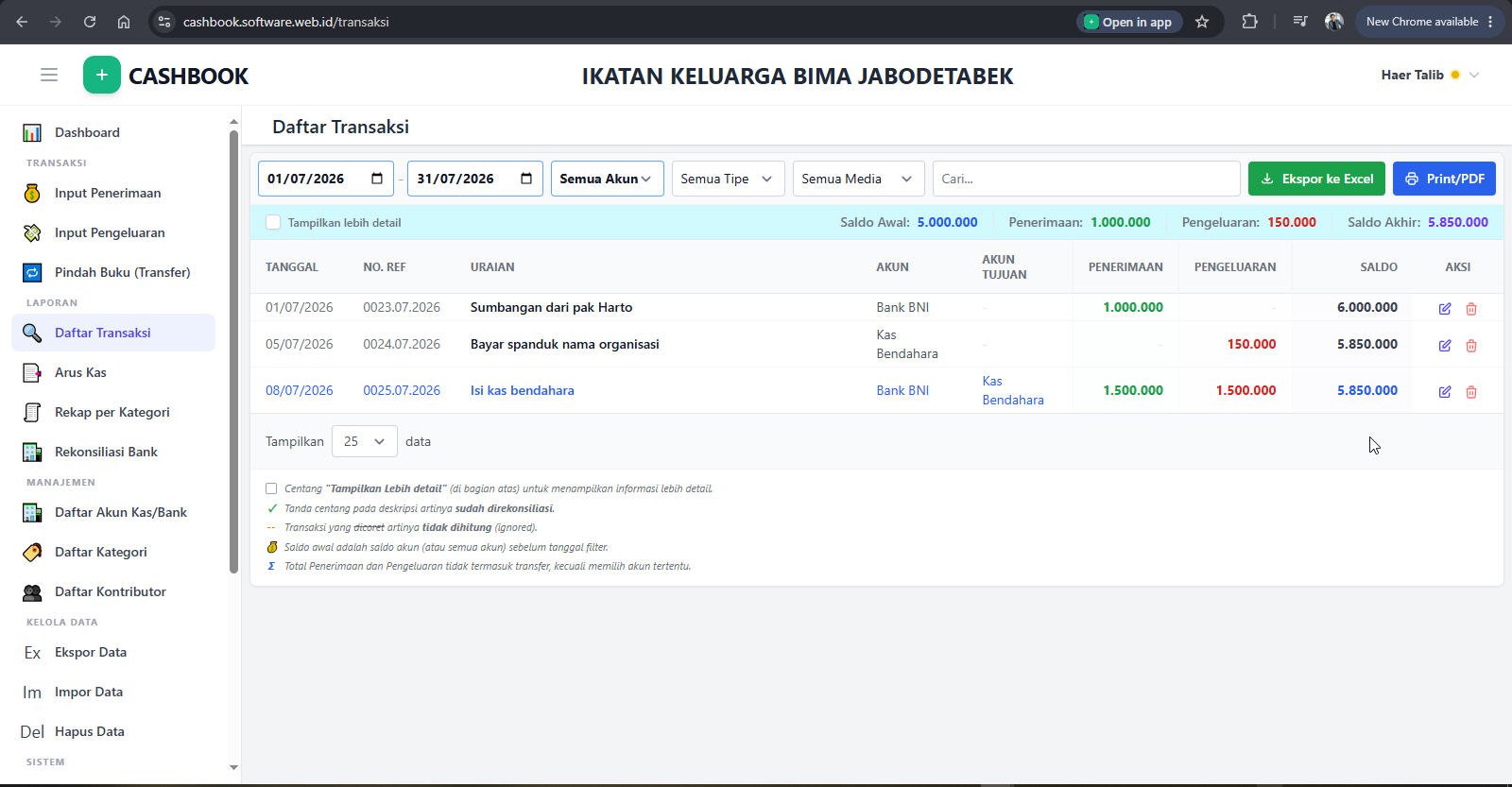 Halaman Daftar Transaksi