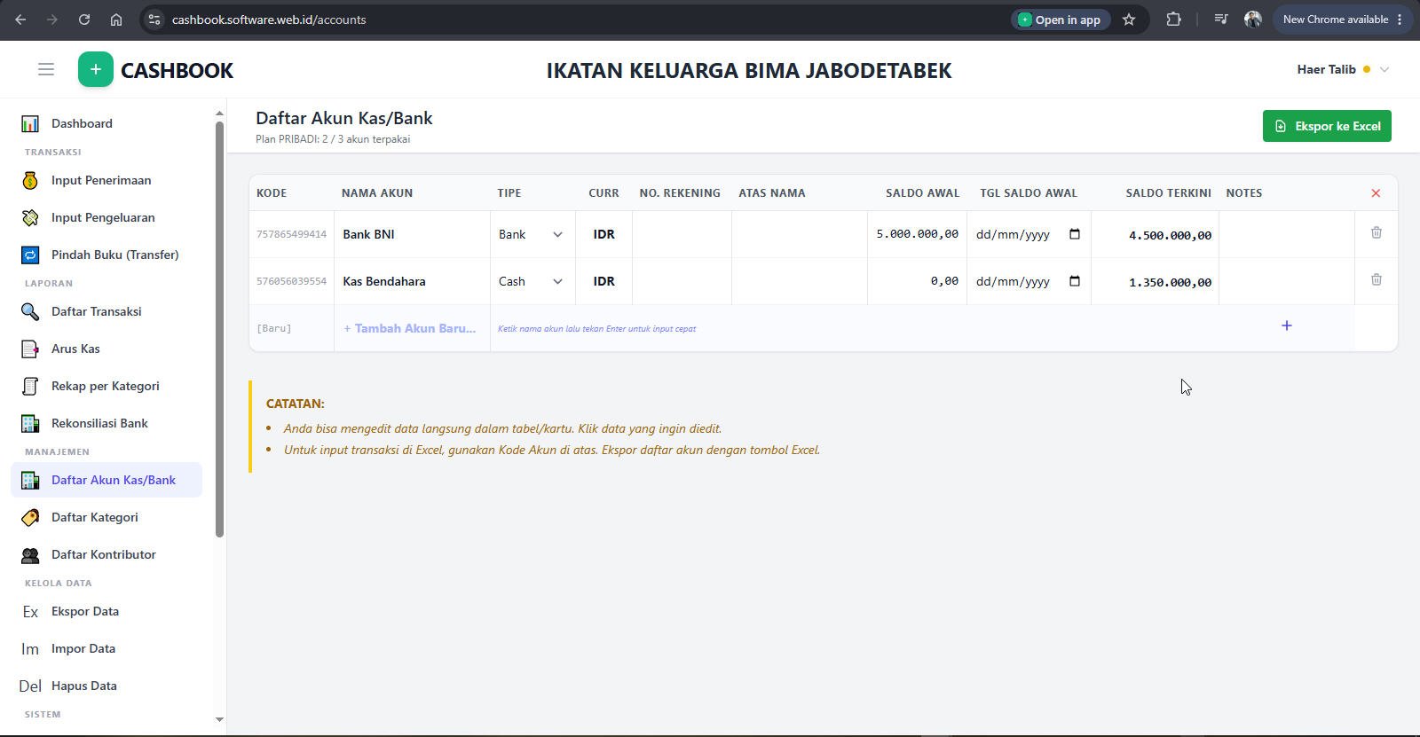 Daftar Akun Kas/Bank dengan saldo terkini