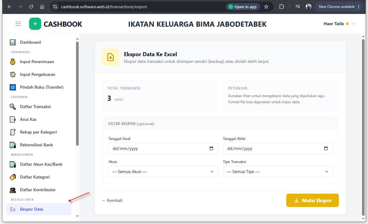 Halaman Ekspor Data Ke Excel