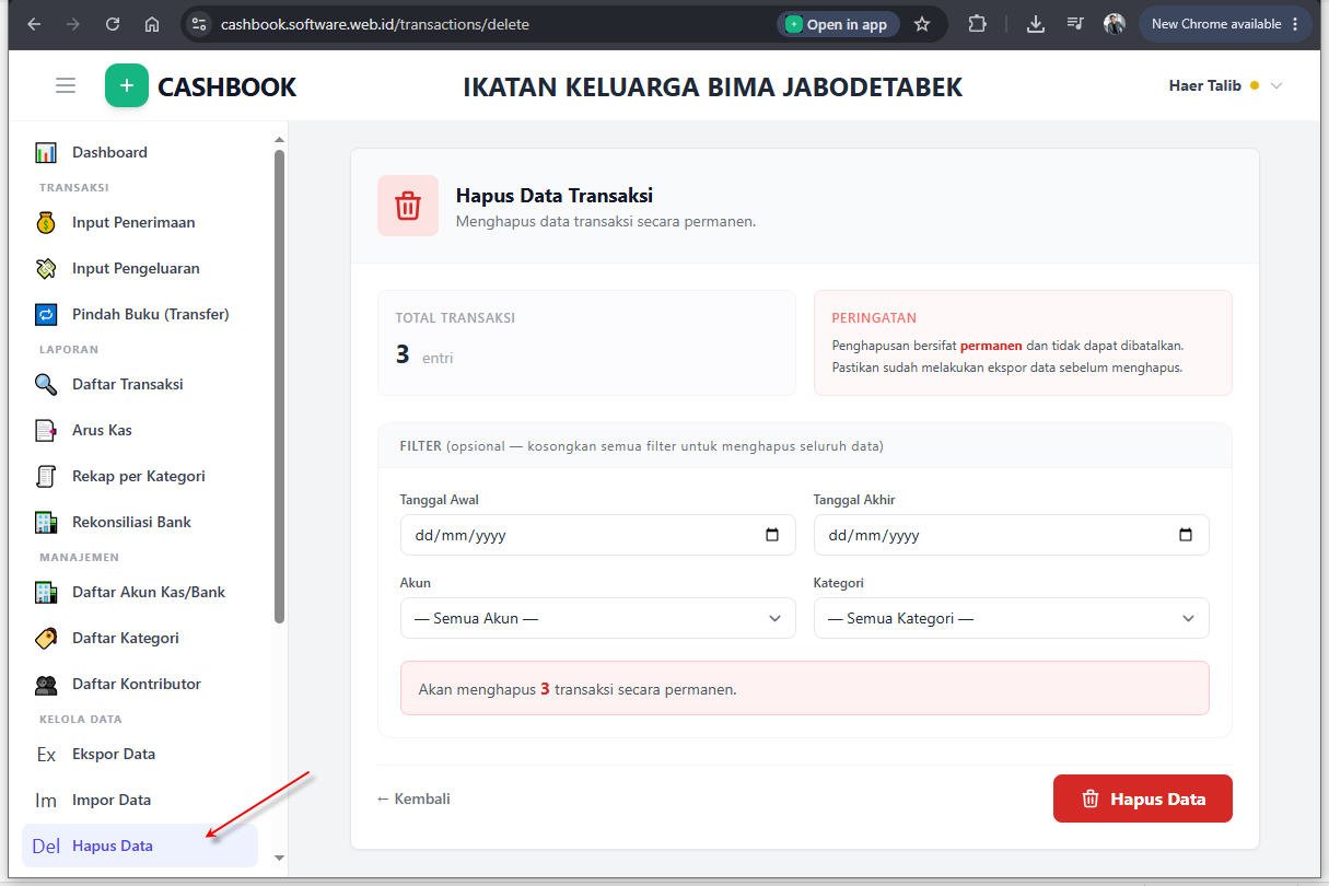 Halaman Hapus Data Transaksi