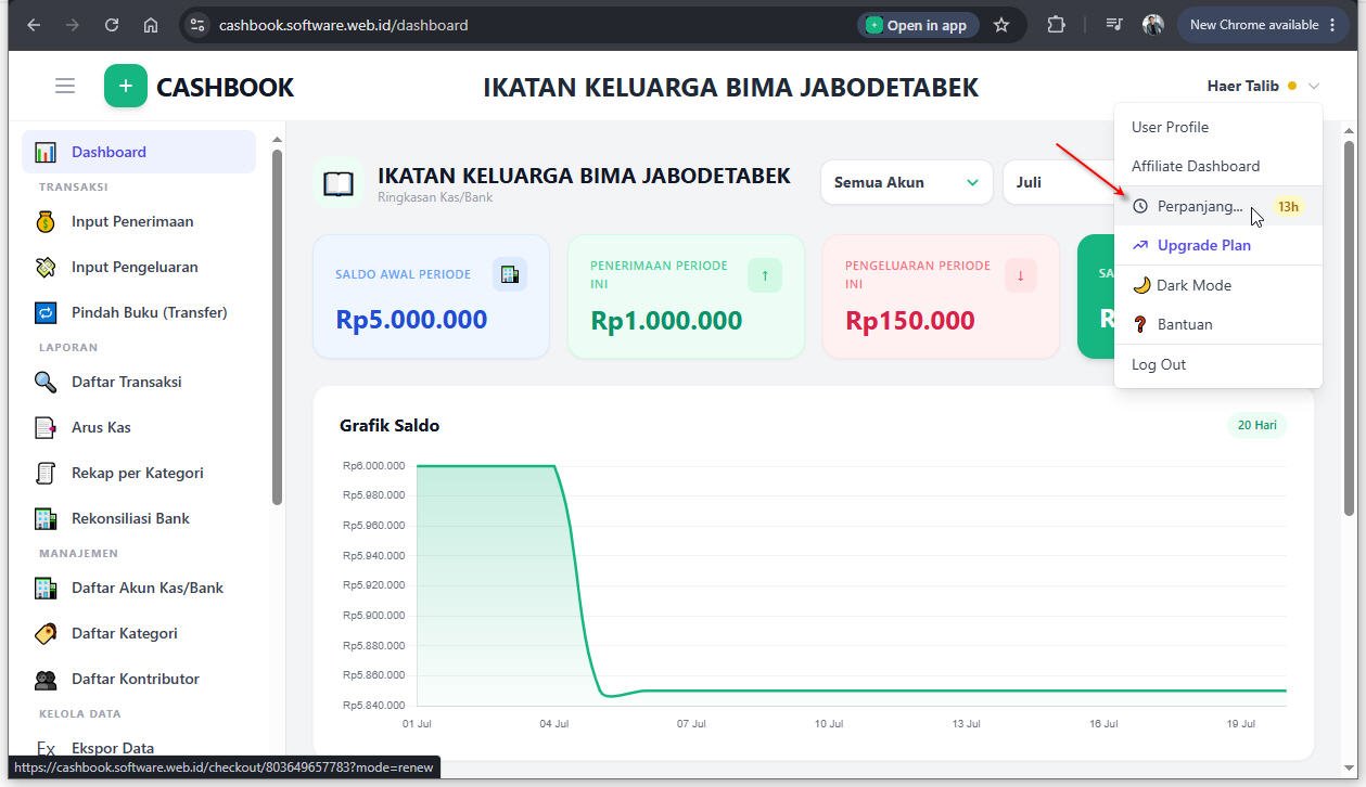 Dropdown Menu User dengan opsi Perpanjang